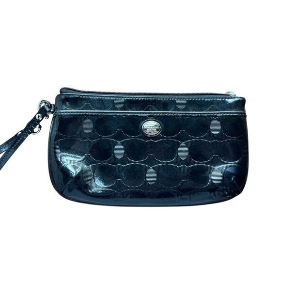 Coach Patent Leather Wristlet Wallet Clutch Black 8.5" Designer Bag - Picture 1 of 3